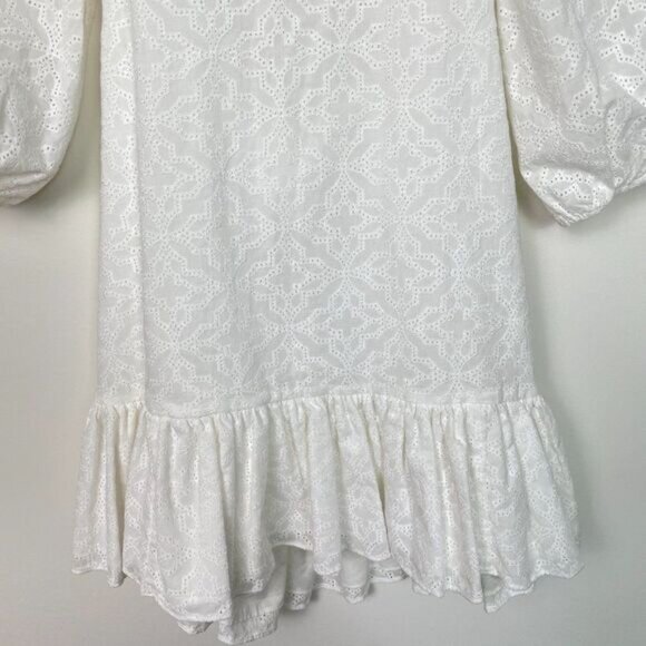 Veronica Beard Revolve Denise Smocked Long Sleeve Eyelet Mini Dress Off White 4 - Picture 8 of 14